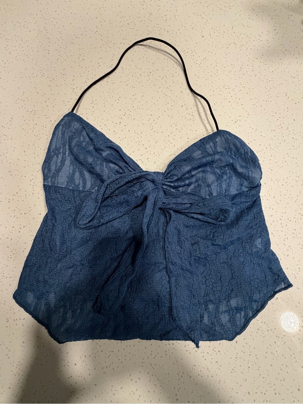 Blue Lace Tie-Front Halter Crop Top